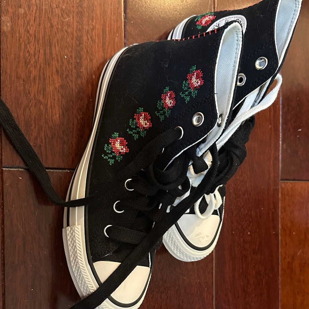 Converse Black High-Top Sneakers with Red Floral Design